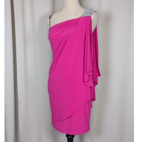 Y2K Cache One Shoulder Rhinestone Trim Mini Dress Hot Pink Size 2 - Picture 15 of 16